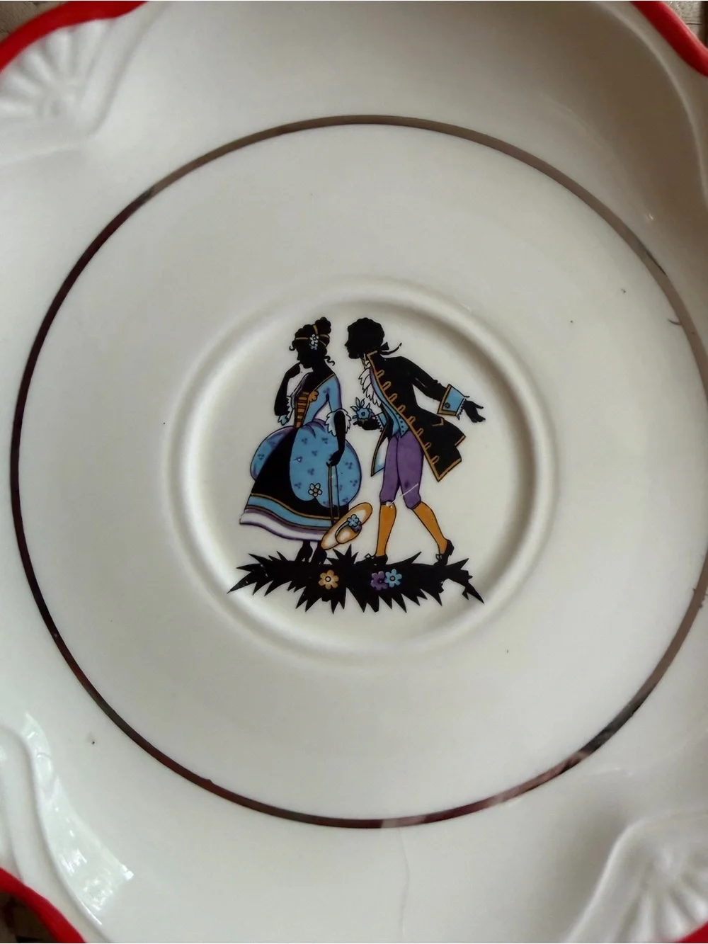 Vintage Homer Laughlin Red Rim Porcelain Dish with Romantic Couple Motif